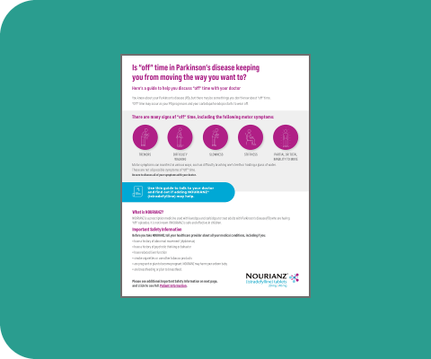 Download the NOURIANZ® (istradefylline) Doctor Discussion Guides for adults living with Parkinson’s Disease.